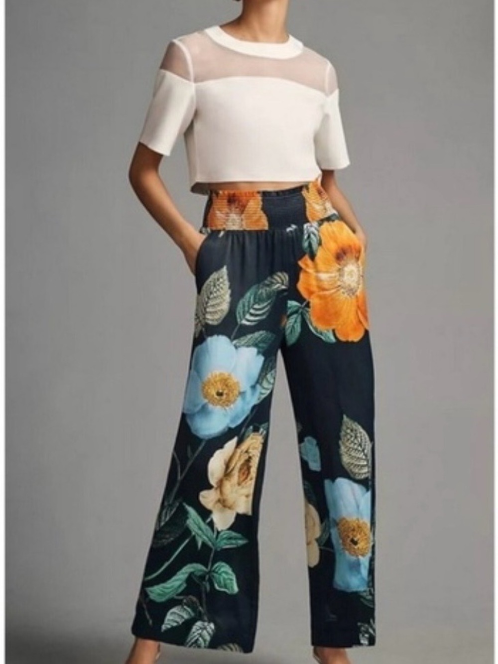 Anthropology Maeve Black Wide-Leg Floral Pants with Blue & Orange Medium EUC
